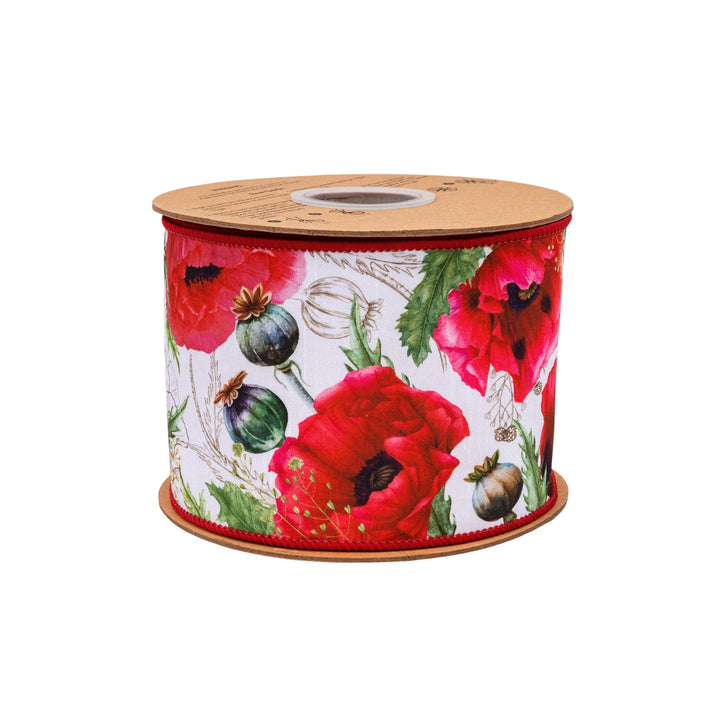 Poppies On White with Red Backing Wired Dupioni Ribbon - 4" - Greenery MarketWired Ribbon9336W-250-100E