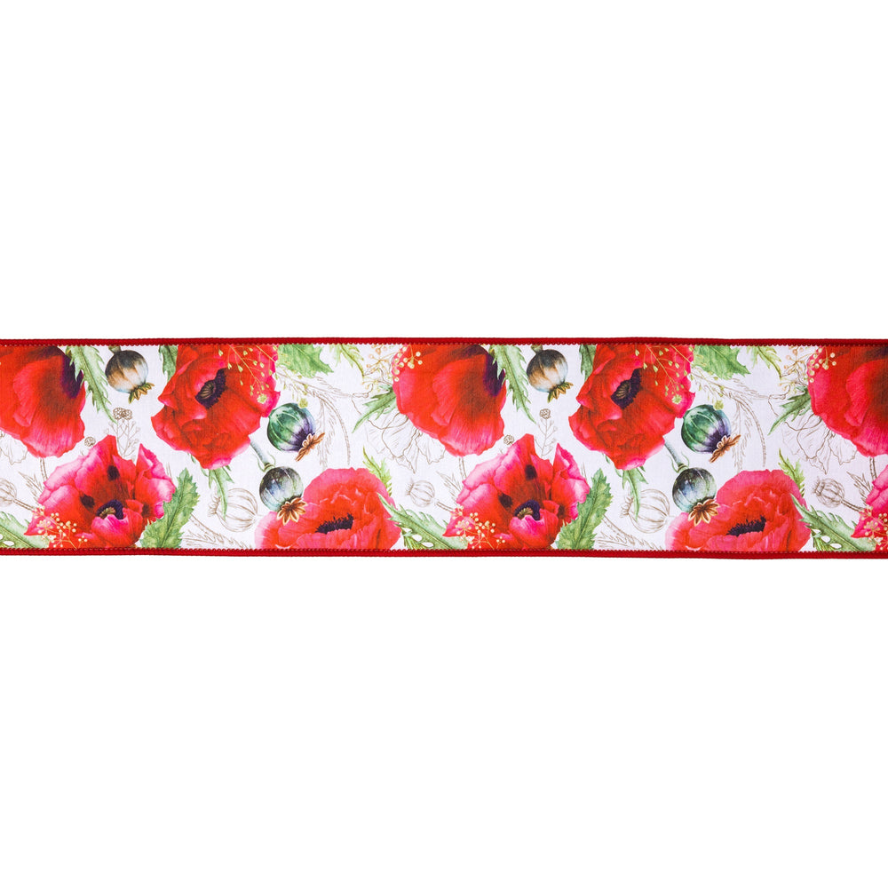 Poppies On White with Red Backing Wired Dupioni Ribbon - 4" - Greenery MarketWired Ribbon9336W-250-100E