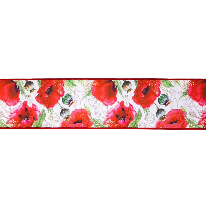 Poppies On White with Red Backing Wired Dupioni Ribbon - 4" - Greenery MarketWired Ribbon9336W-250-100E