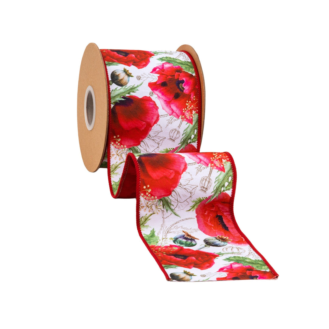 Poppies On White with Red Backing Wired Dupioni Ribbon - 4" - Greenery MarketWired Ribbon9336W-250-100E