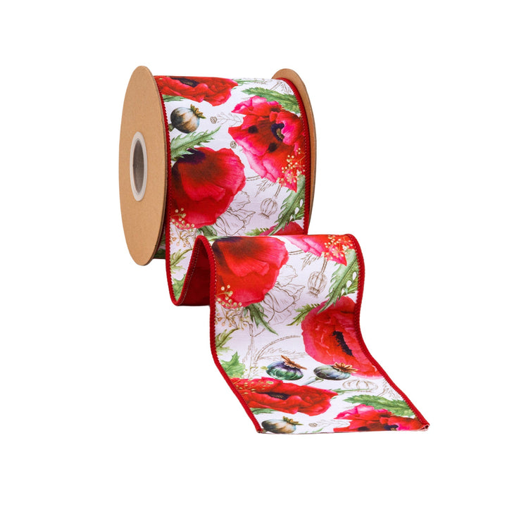 Poppies On White with Red Backing Wired Dupioni Ribbon - 4" - Greenery MarketWired Ribbon9336W-250-100E