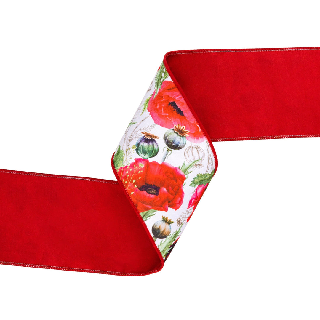 Poppies On White with Red Backing Wired Dupioni Ribbon - 4" - Greenery MarketWired Ribbon9336W-250-100E
