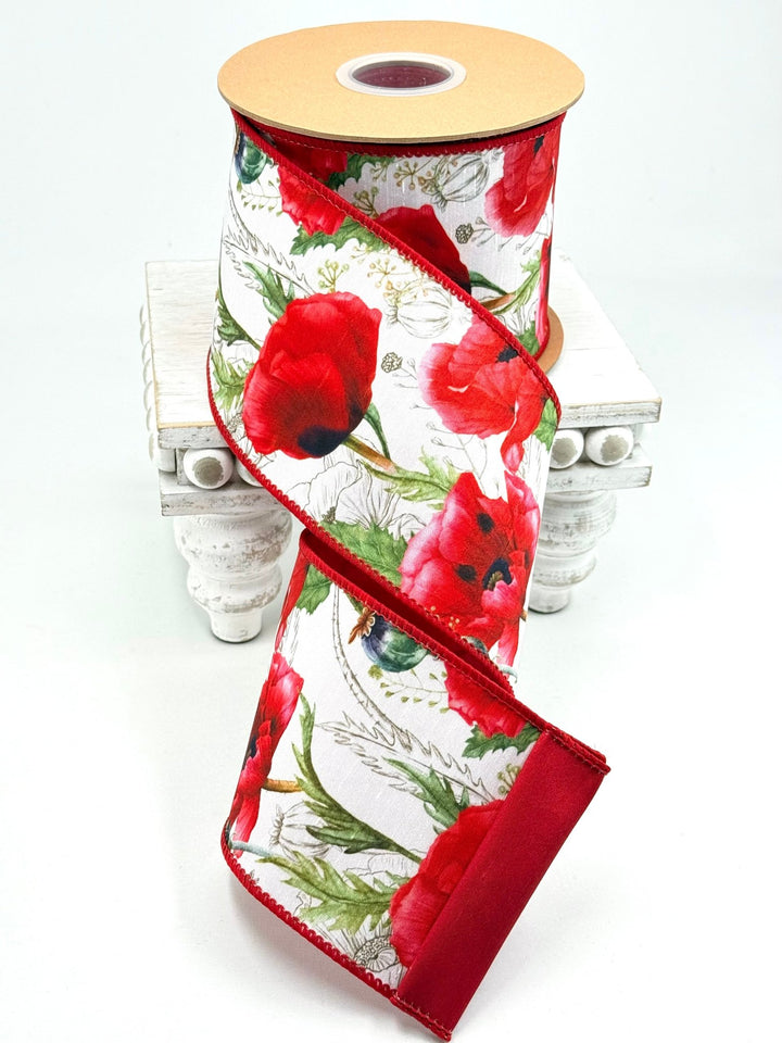 Poppies On White with Red Backing Wired Dupioni Ribbon - 4" - Greenery MarketWired Ribbon9336W-250-100E