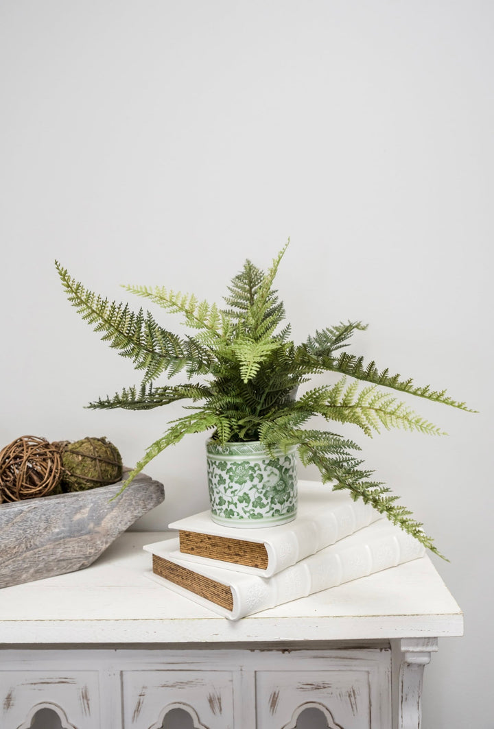 Potted Fern Bush In a Green Chinoiserie Crock Vase - Greenery MarketgreeneryLQF118 - GR