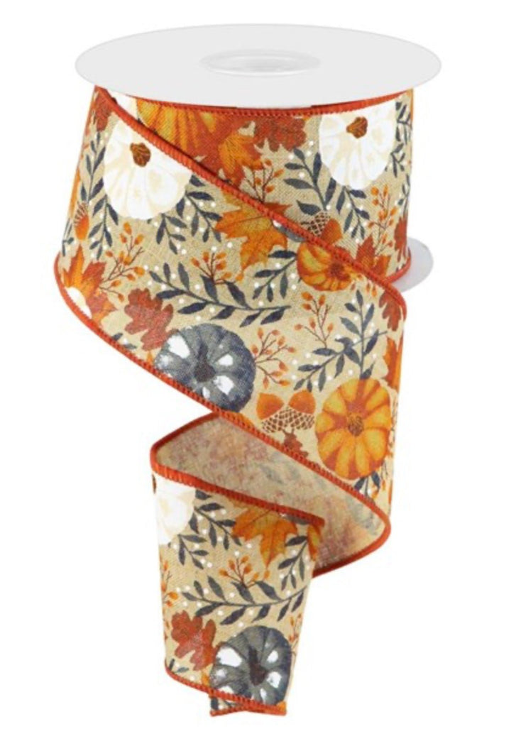 Pumpkin and foliage with blue wired ribbon 2.5” - Greenery MarketWired ribbonRGB108101