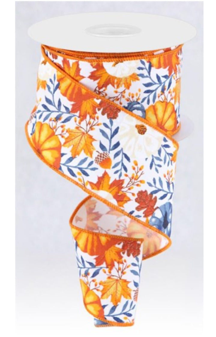 Pumpkin and foliage with blue wired ribbon 2.5” - Greenery MarketWired ribbonRGB1081X4