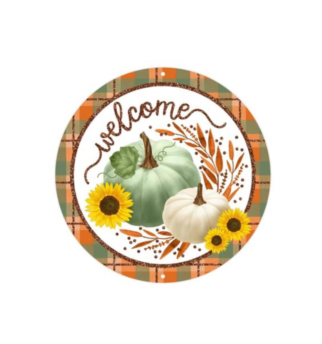 Pumpkin and sunflowers round metal sign 8” - Greenery MarketSeasonal & Holiday DecorationsMD101543