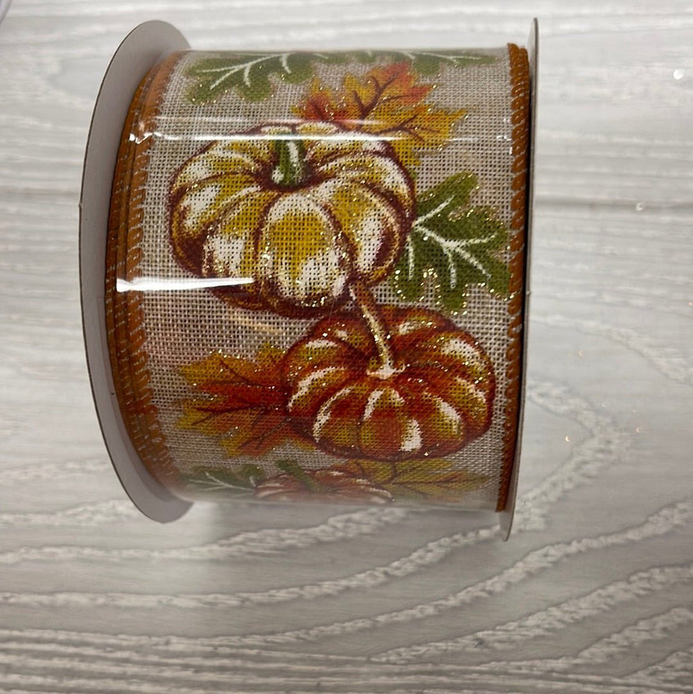 Pumpkin with moss oak leaves - Greenery MarketWired ribbon61002 - 40 - 31