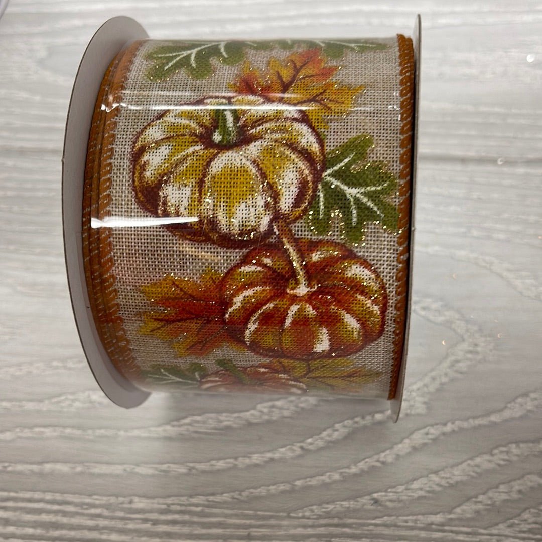 Pumpkin with moss oak leaves - Greenery MarketWired ribbon61002 - 40 - 31