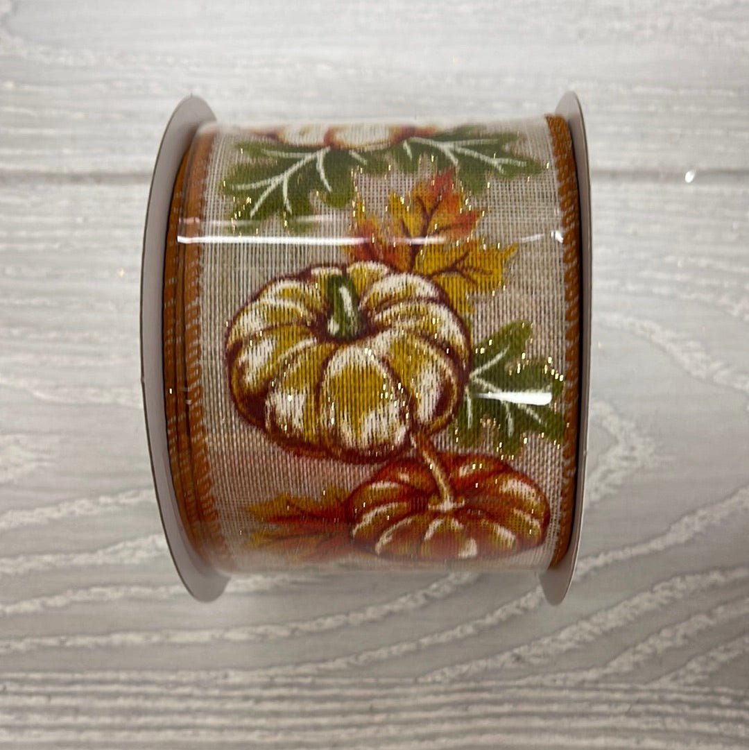 Pumpkin with moss oak leaves - Greenery MarketWired ribbon61002 - 40 - 31