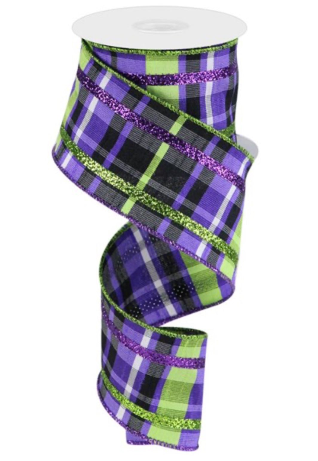 Purple and lime green plaid with glitter stripe, 2.5” wired ribbon - Greenery MarketWired ribbonRGP1102YR