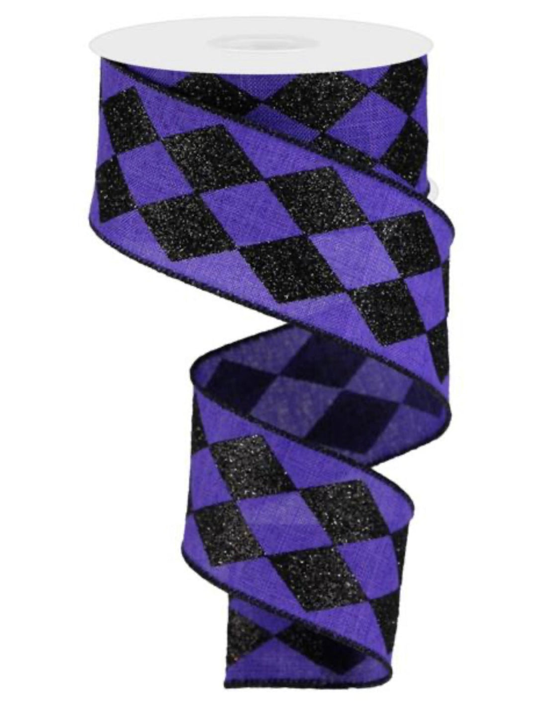 Purple Harlequin with black glitter diamonds 2” wired ribbon - Greenery MarketWired ribbonRGA149923