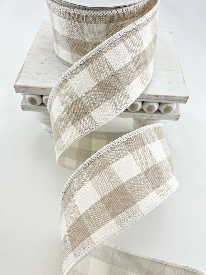 Raz beige gingham wired ribbon 2.5” - Greenery MarketR4427735