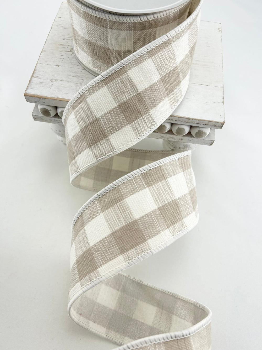Raz beige gingham wired ribbon 2.5” - Greenery MarketR4427735