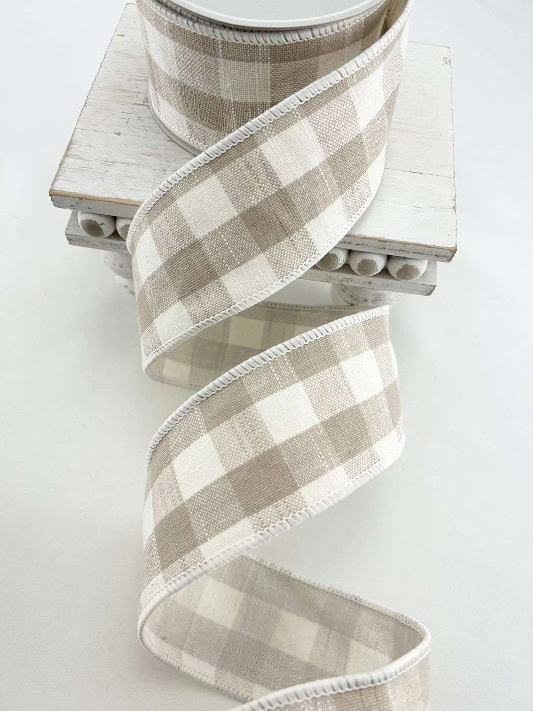 Raz beige gingham wired ribbon 2.5” - Greenery MarketR4427735