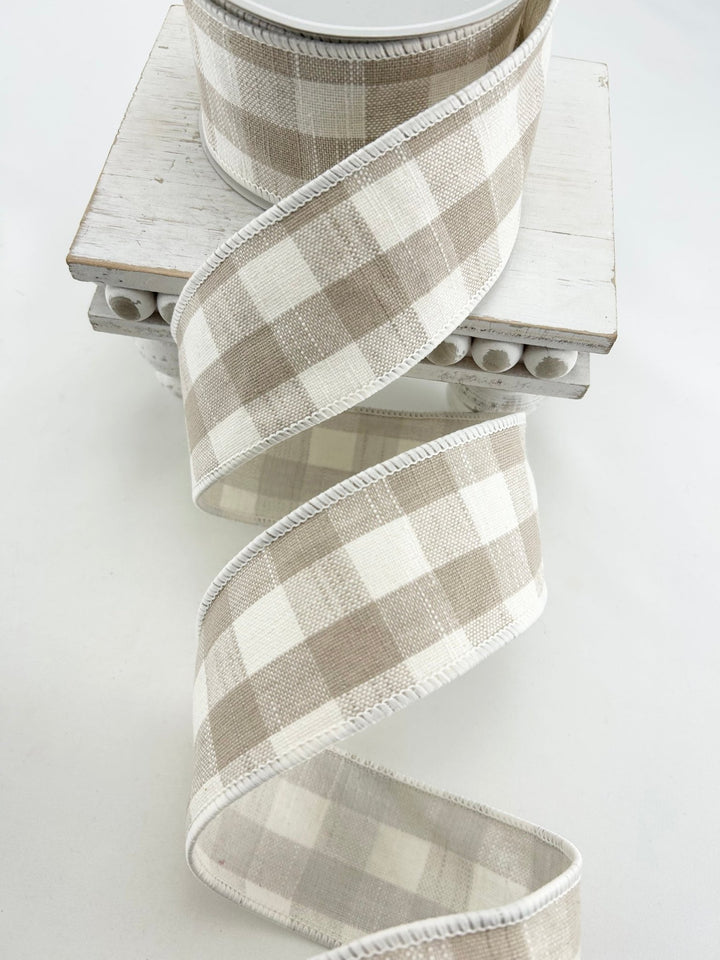 Raz beige gingham wired ribbon 2.5” - Greenery MarketR4427735