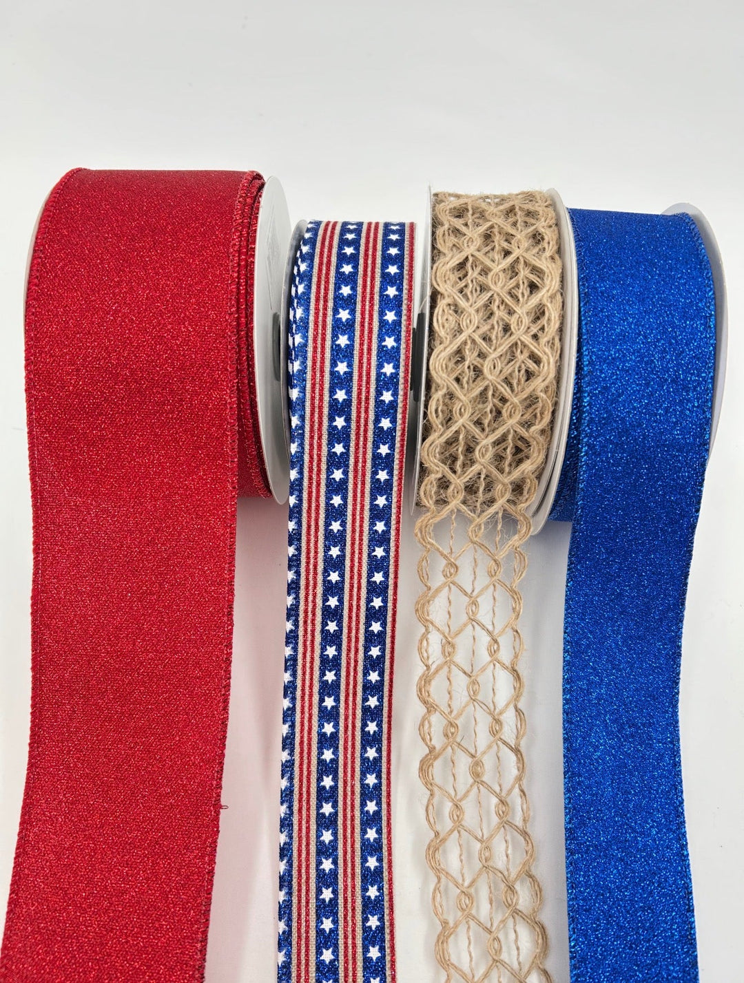 Red and Blue Glittered Stars Patriotic Bow Bundle x 4 Ribbons - Greenery MarketWired ribbonBurlapglitterstarsX4