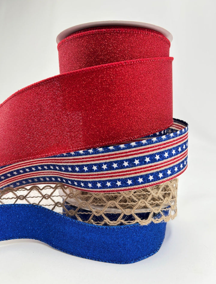 Red and Blue Glittered Stars Patriotic Bow Bundle x 4 Ribbons - Greenery MarketWired ribbonBurlapglitterstarsX4