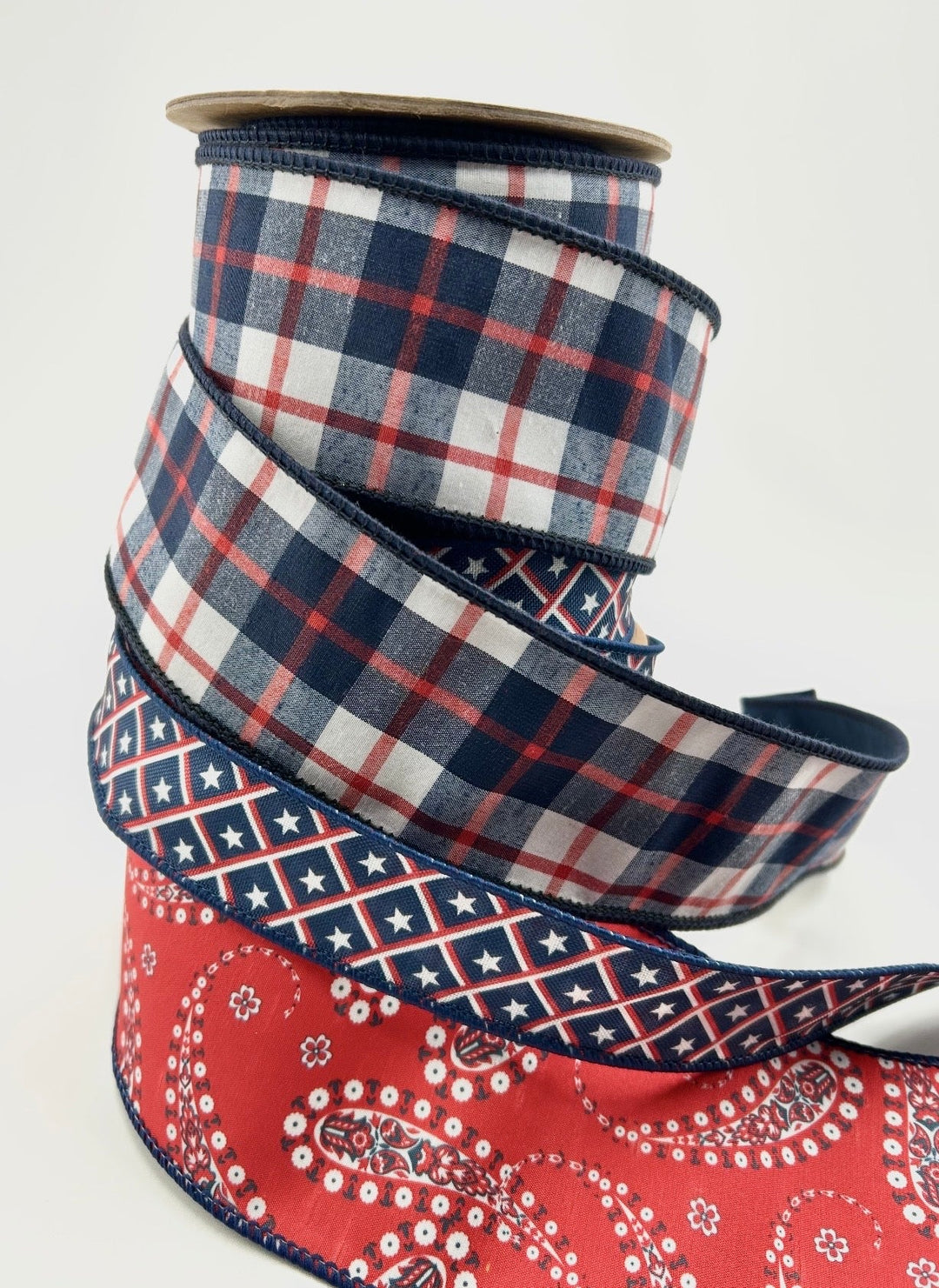 Red and Blue Paisley Plaid Bow Bundle x 3 Ribbons - Greenery MarketWired ribbonPaisleystarsx3