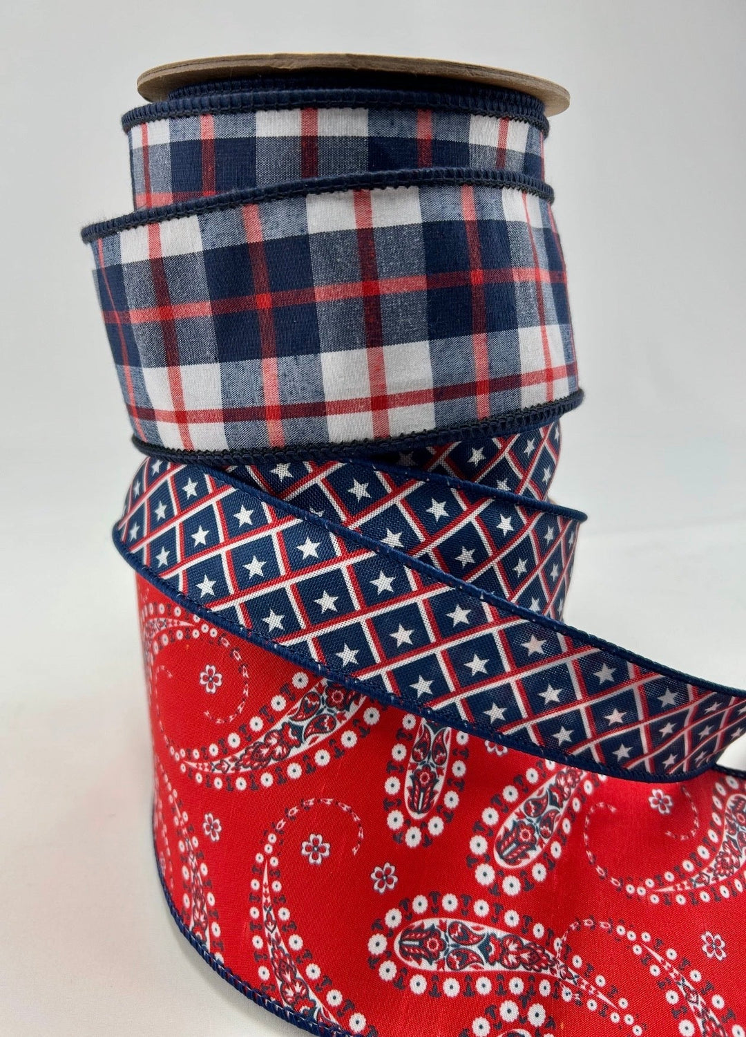 Red and Blue Paisley Plaid Bow Bundle x 3 Ribbons - Greenery MarketWired ribbonPaisleystarsx3