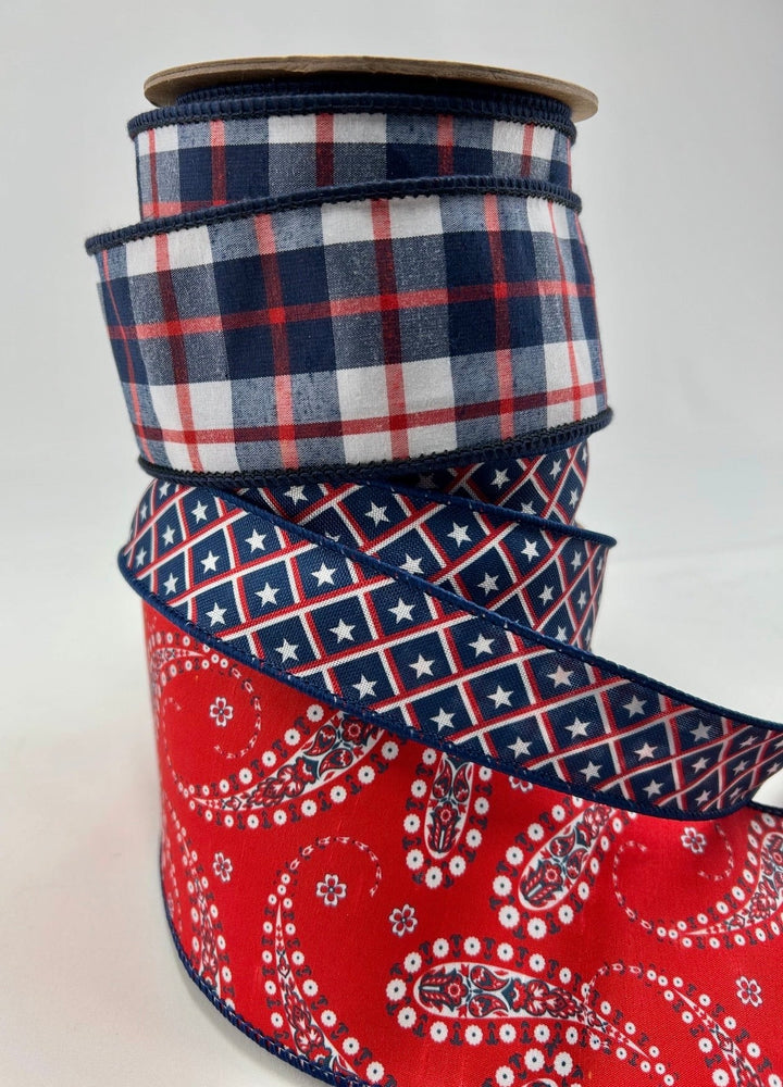 Red and Blue Paisley Plaid Bow Bundle x 3 Ribbons - Greenery MarketWired ribbonPaisleystarsx3