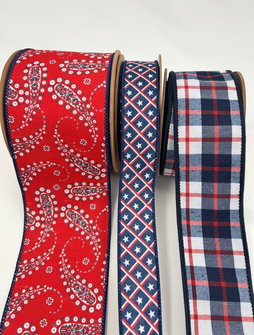 Red and Blue Paisley Plaid Bow Bundle x 3 Ribbons - Greenery MarketWired ribbonPaisleystarsx3