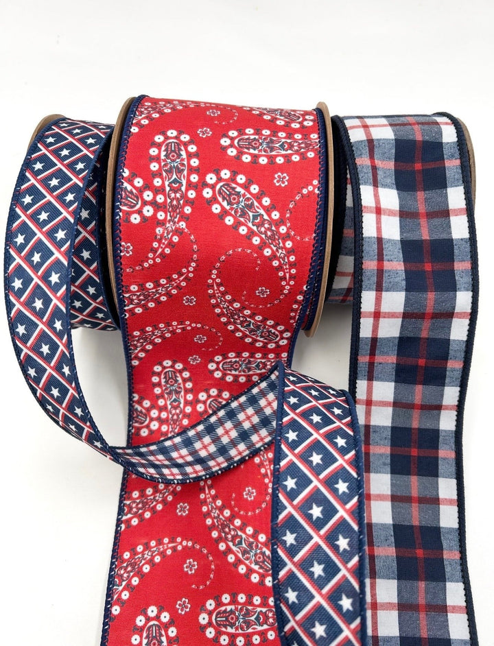 Red and Blue Paisley Plaid Bow Bundle x 3 Ribbons - Greenery MarketWired ribbonPaisleystarsx3