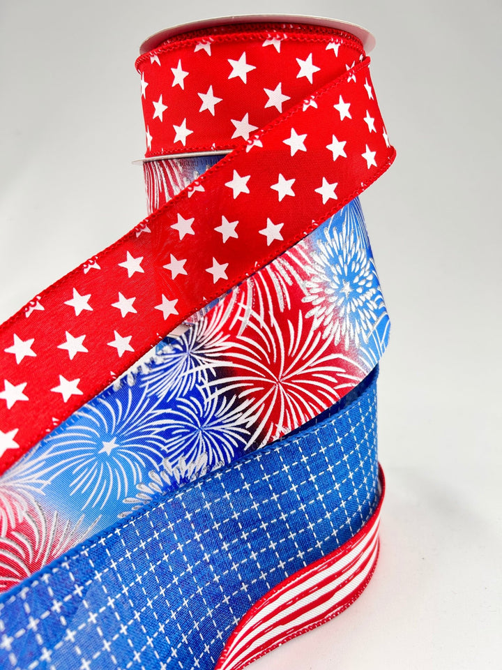Red and Blue Patriotic Bow Bundle x 4 Ribbons - Greenery MarketWired ribbonFireworksX4