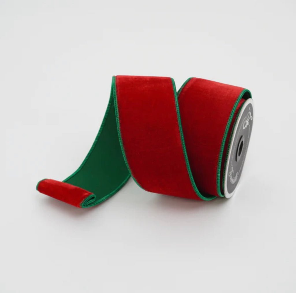 Red and emerald green plush velvet luster 2.5” farrisilk wired ribbon - Greenery MarketRibbons & TrimRK131 - 01