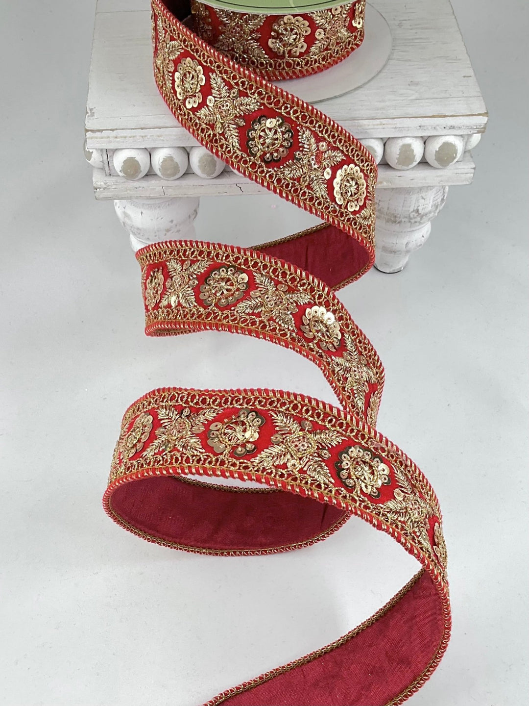 Red And Gold Sequin Trim Velvet Wired Ribbon - 1.5" - Greenery MarketRV2734-RE