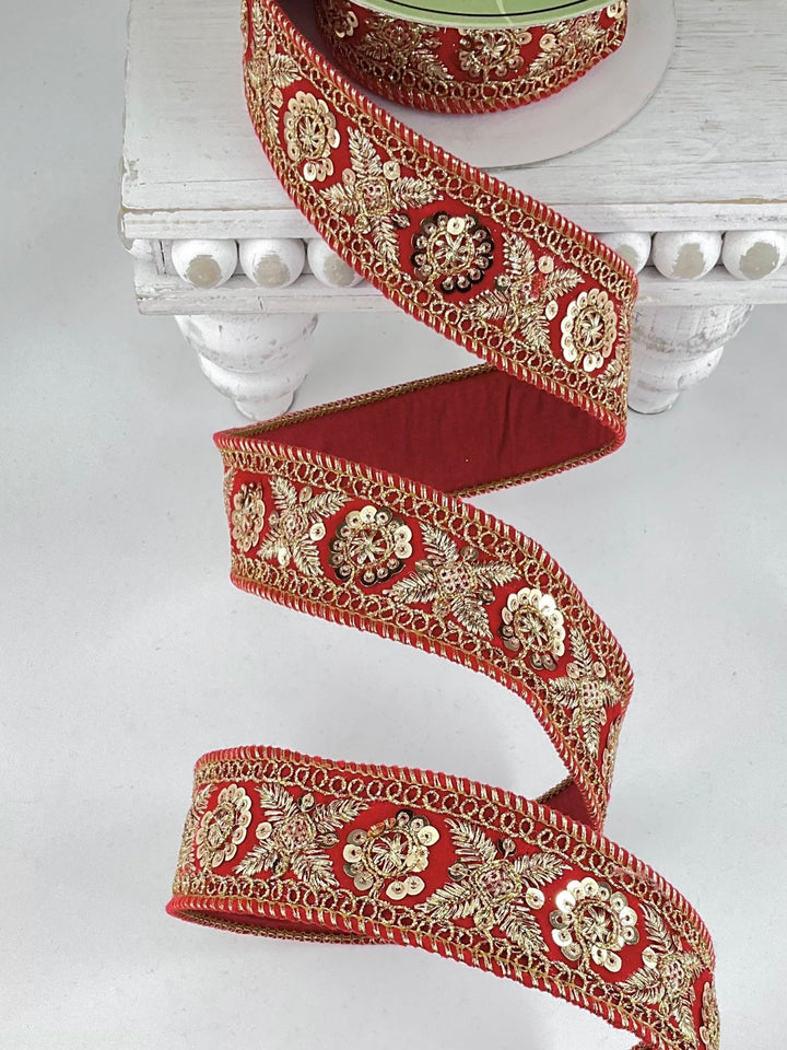 Red And Gold Sequin Trim Velvet Wired Ribbon - 1.5" - Greenery MarketRV2734-RE