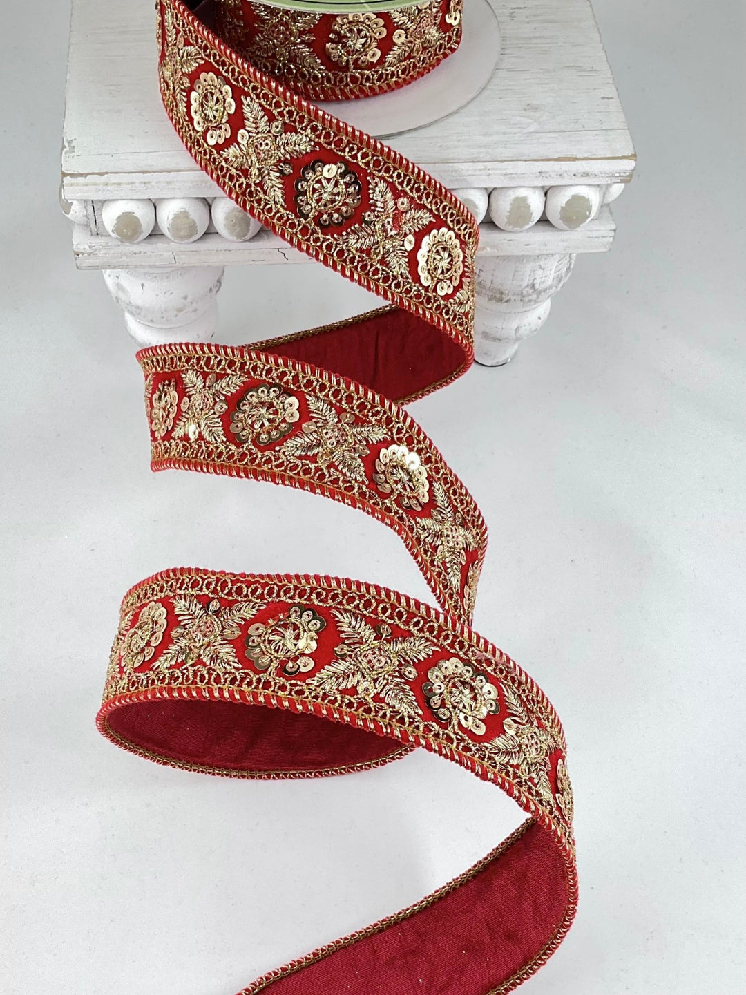 Red And Gold Sequin Trim Velvet Wired Ribbon - 1.5" - Greenery MarketRV2734-RE