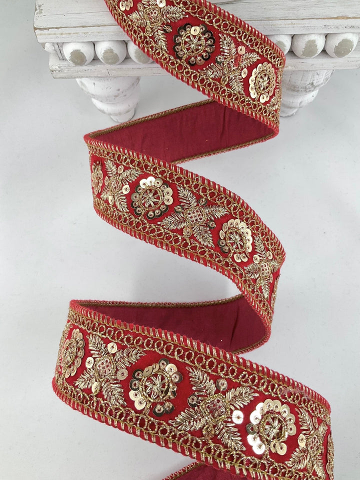 Red And Gold Sequin Trim Velvet Wired Ribbon - 1.5" - Greenery MarketRV2734-RE