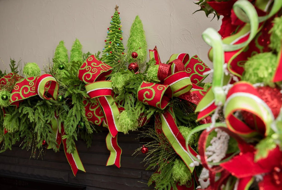 Red and green fur felt stripe wired ribbon - 2.5” - Greenery MarketMTX64987