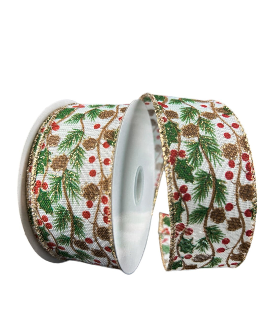 Red and green holly & cones wired ribbon - 1.5” - Greenery MarketWired ribbon71472 - 09 - 38