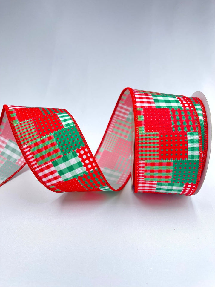 Red and green patchwork ribbon - 2.5” - Greenery MarketWired ribbon238550