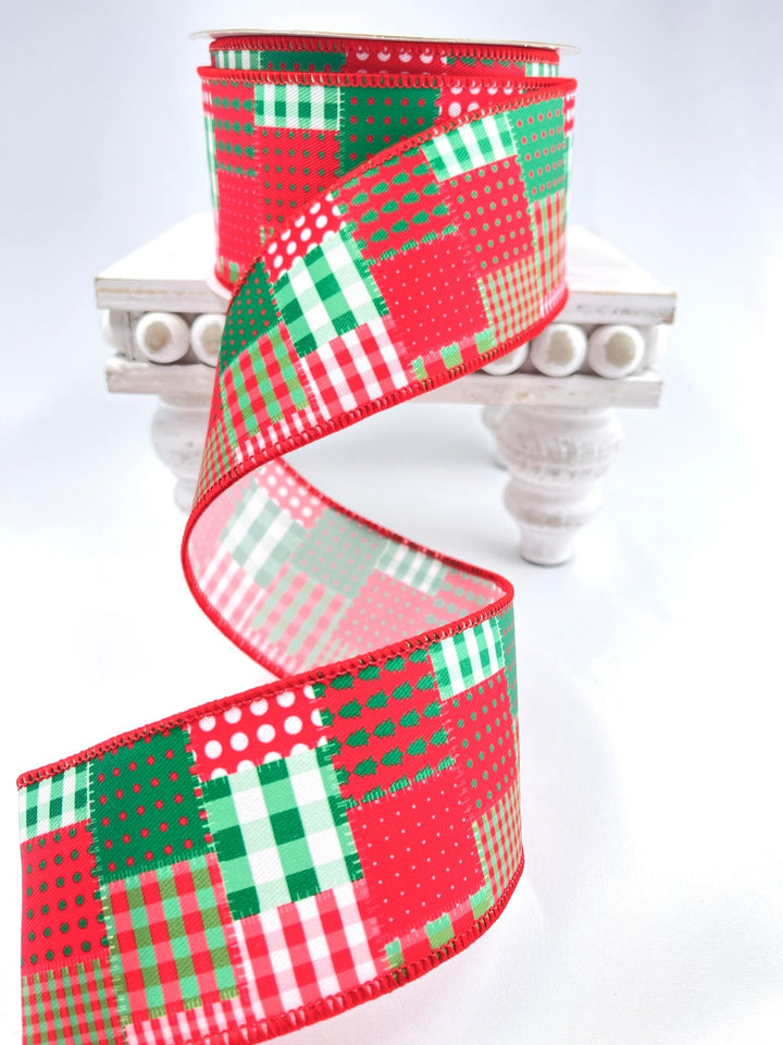 Red and green patchwork ribbon - 2.5” - Greenery MarketWired ribbon238550