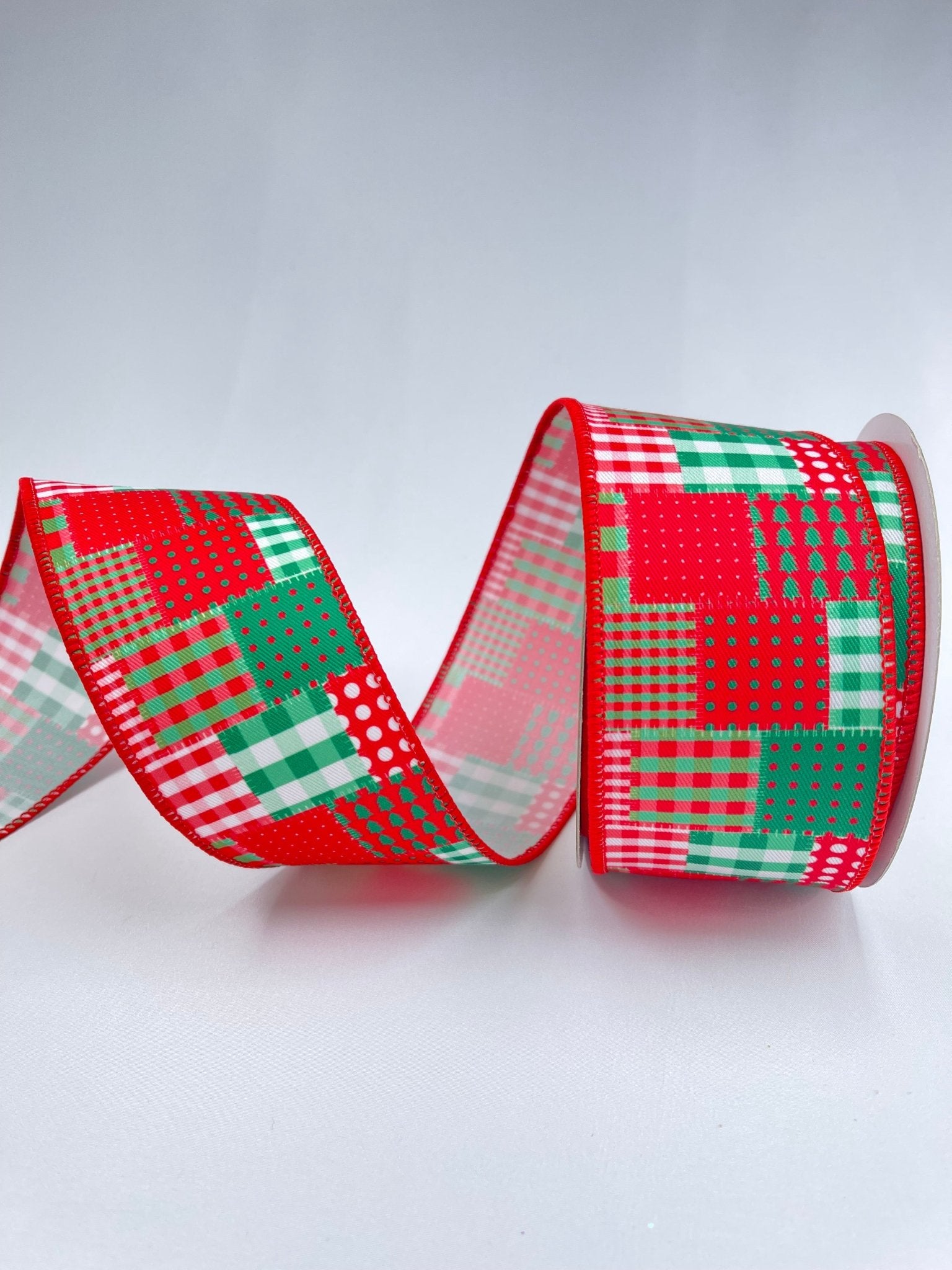 Red and green patchwork ribbon - 2.5” - Greenery Market
