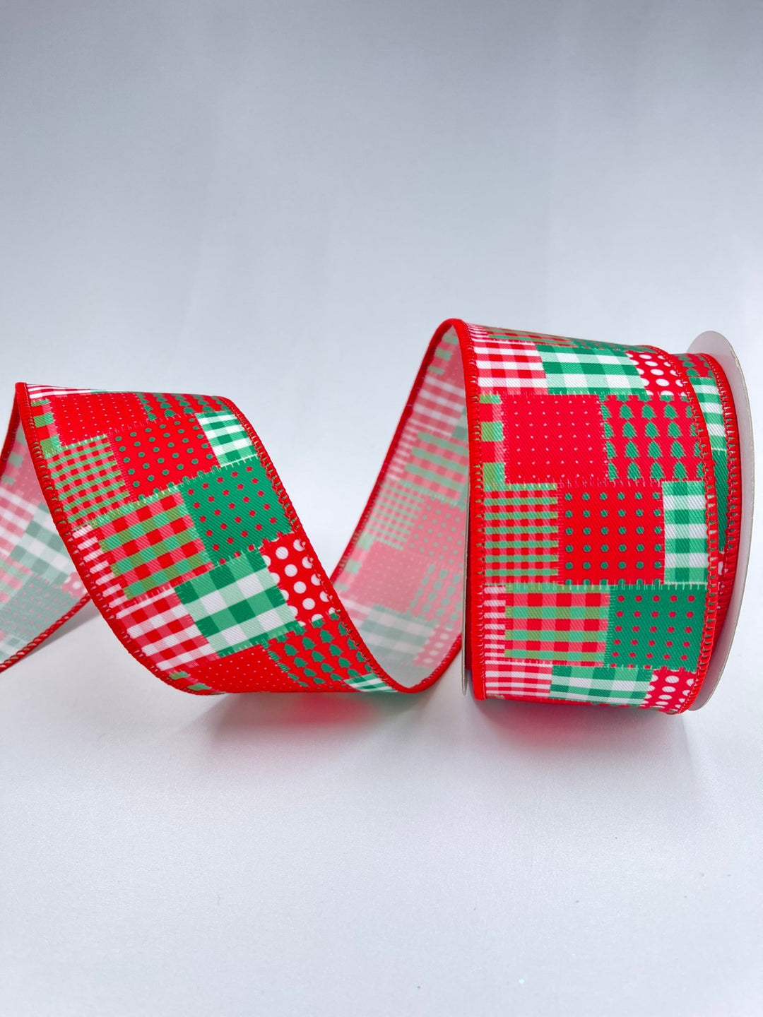 Red and green patchwork ribbon - 2.5” - Greenery MarketWired ribbon238550