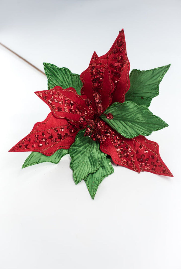 Red and green sequin and velvet poinsettia - Greenery MarketWinter and Christmas86078RDGN