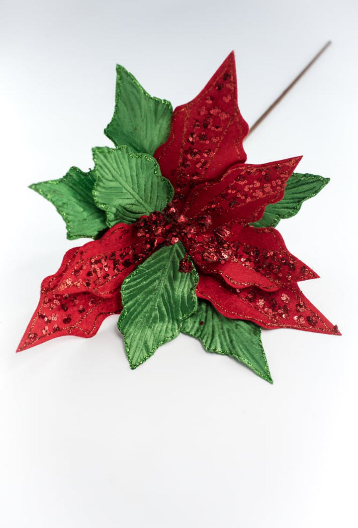 Red and green sequin and velvet poinsettia - Greenery MarketWinter and Christmas86078RDGN