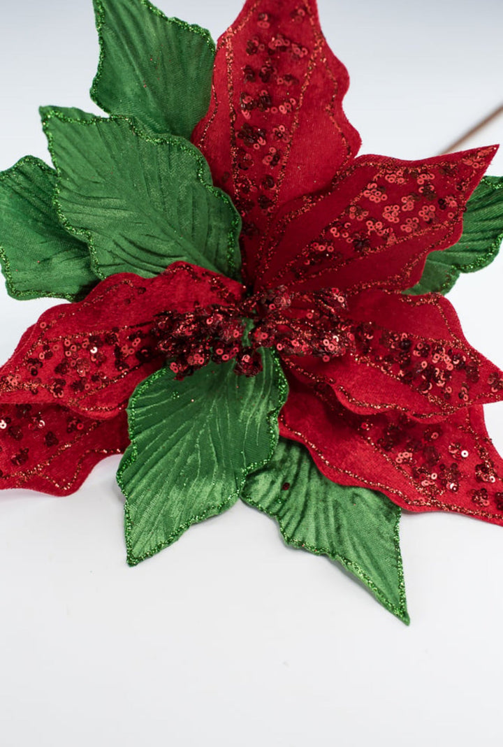 Red and green sequin and velvet poinsettia - Greenery MarketWinter and Christmas86078RDGN