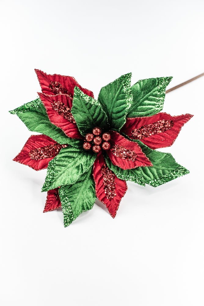 Red and Green Velvet Poinsettia Stem - Greenery Market86331RDGN