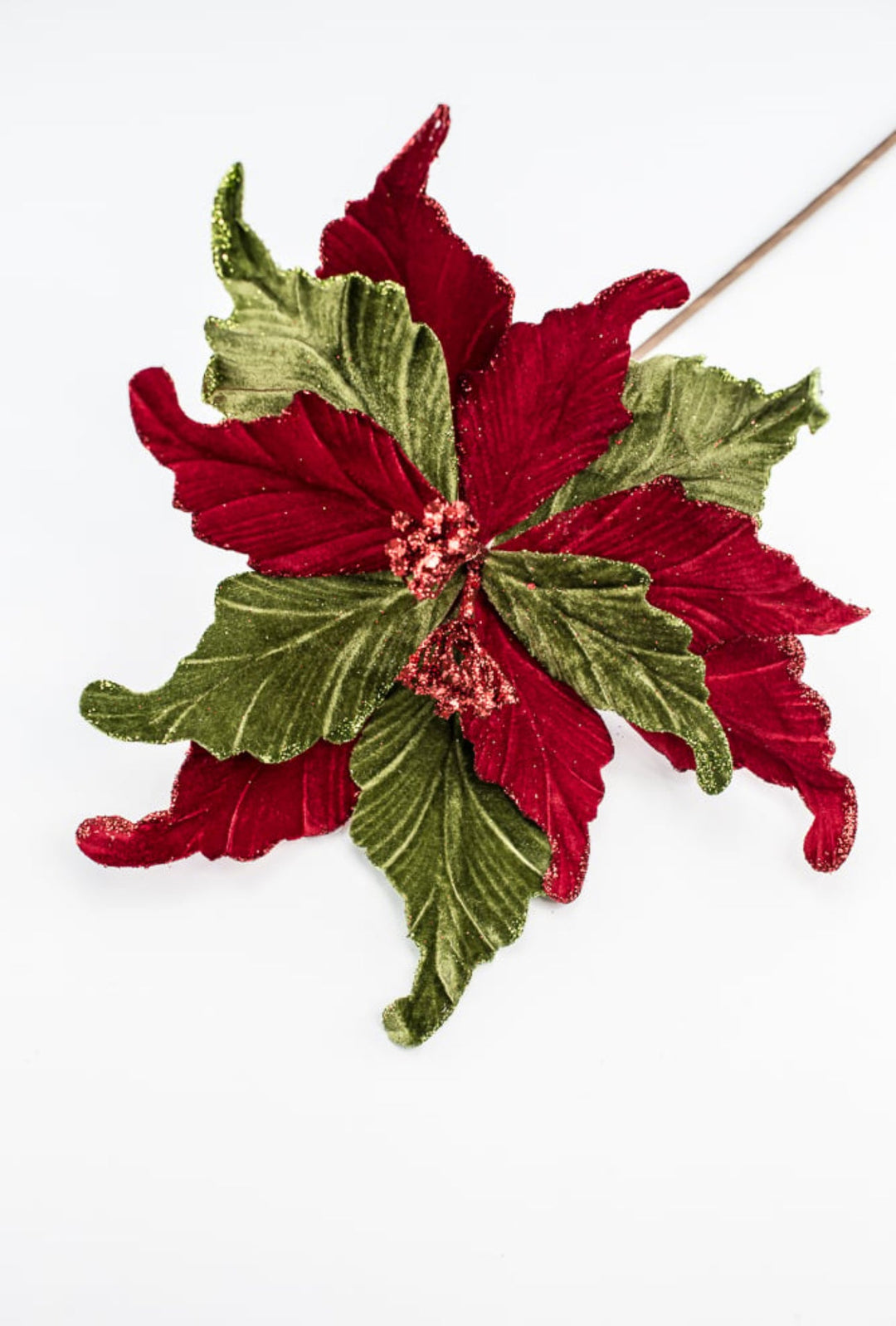 Red and green velvet poinsettias stem - Greenery MarketMTX64331 RDGR