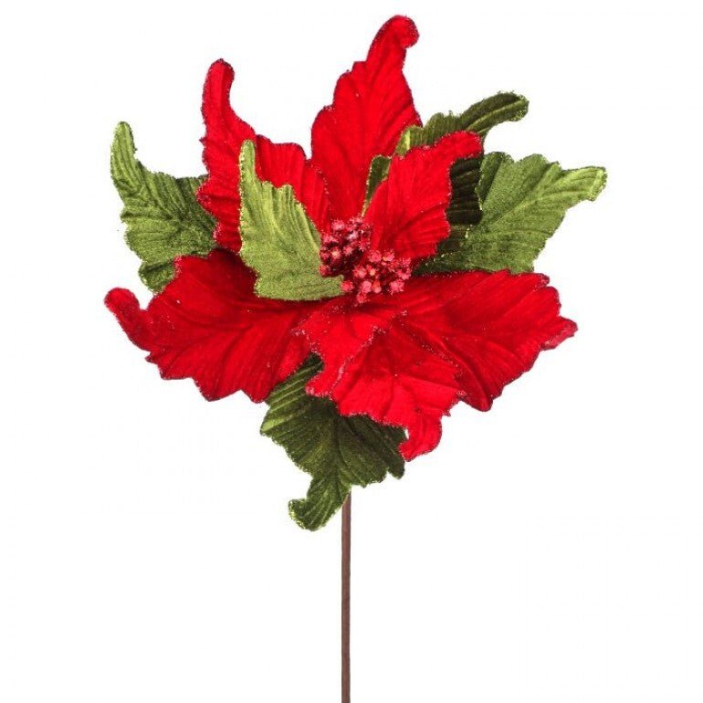 Red and green velvet poinsettias stem - Greenery MarketMTX64331 RDGR