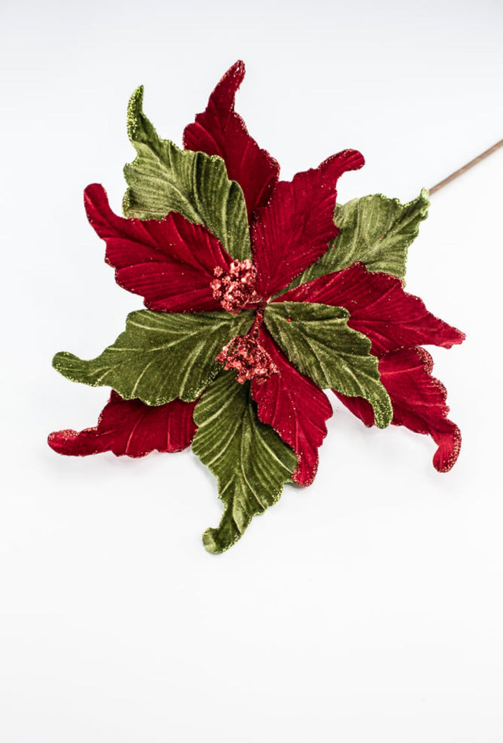 Red and green velvet poinsettias stem - Greenery MarketMTX64331 RDGR