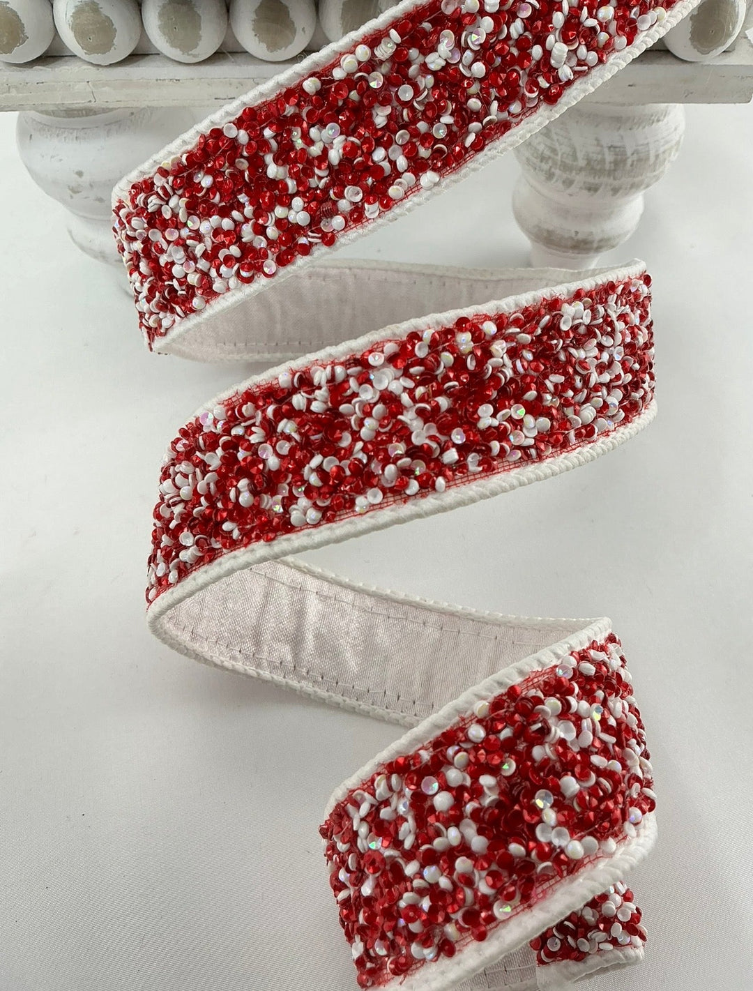 Red and white beaded sprinkles beaded 1” farrisilk wired ribbon - Greenery MarketRibbons & TrimRK333-57