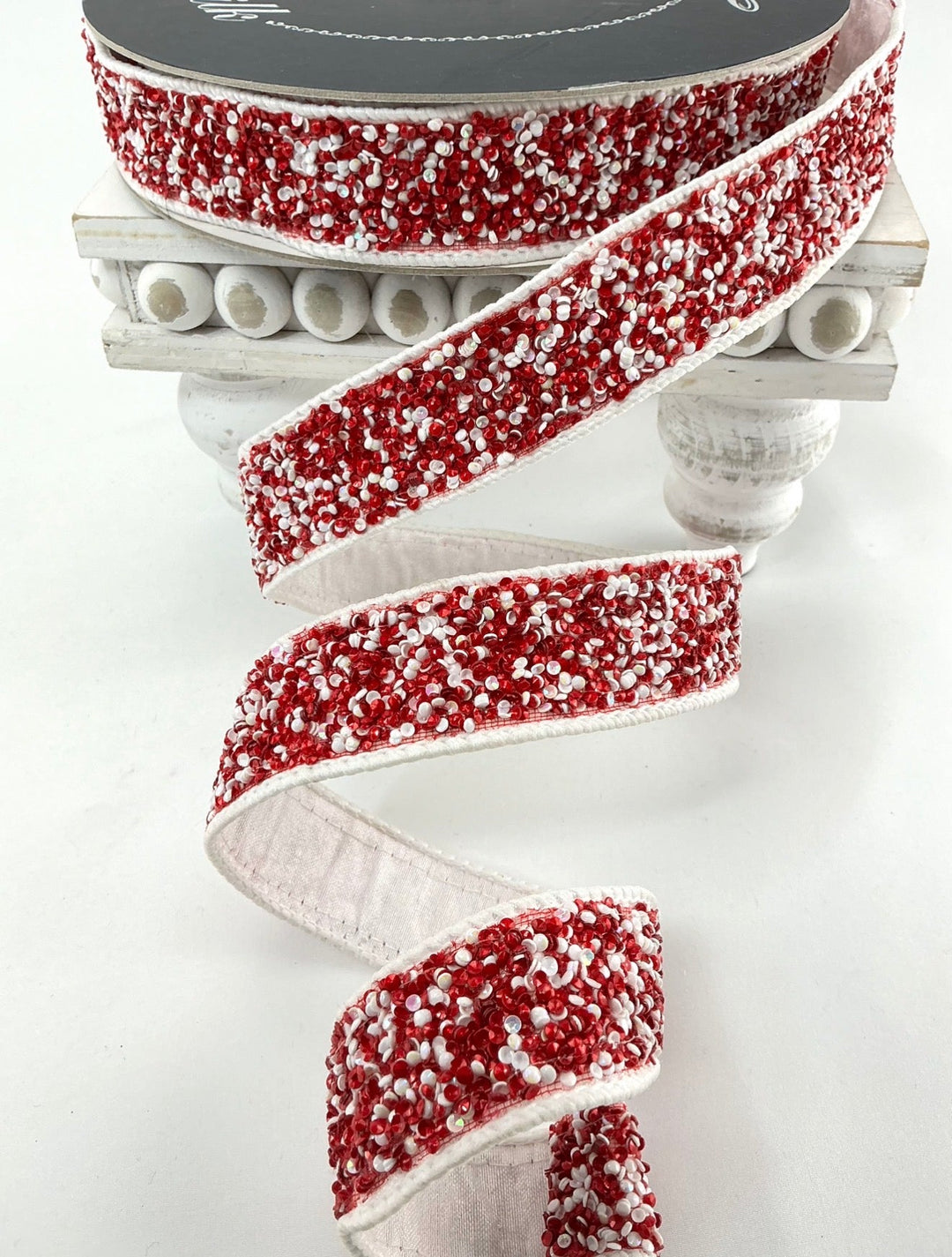 Red and white beaded sprinkles beaded 1” farrisilk wired ribbon - Greenery MarketRibbons & TrimRK333-57