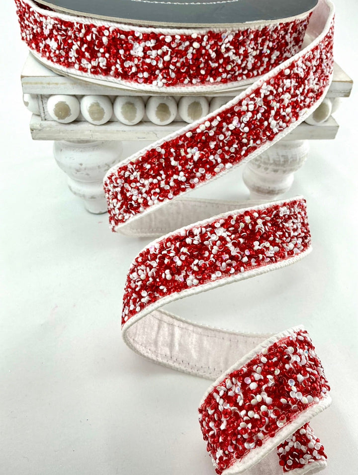 Red and white beaded sprinkles beaded 1” farrisilk wired ribbon - Greenery MarketRibbons & TrimRK333-57