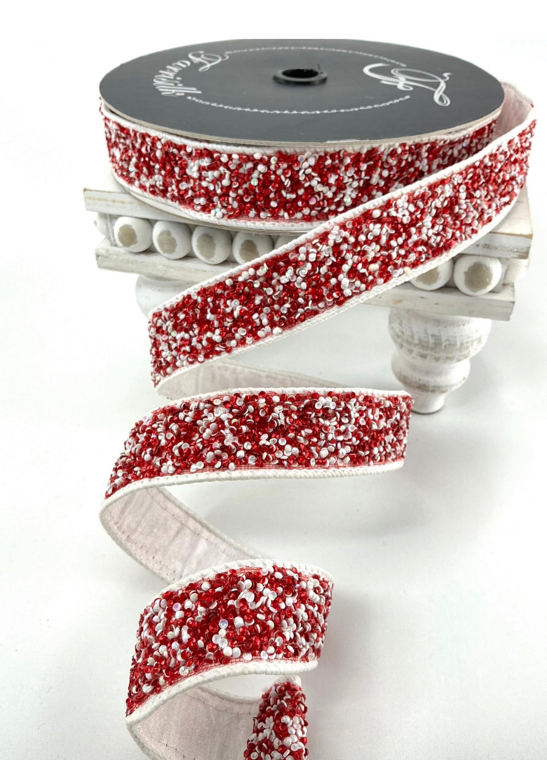 Red and white beaded sprinkles beaded 1” farrisilk wired ribbon - Greenery MarketRibbons & TrimRK333-57